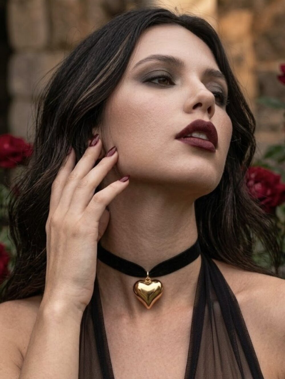 18K Gold Plated Chunky Puff Heart Black Velvet Choker Whimsigoth Dark Romance